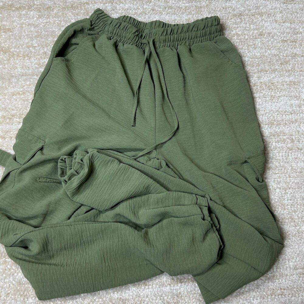 Love 83 Pants Womens M Green Wide Leg Elastic Waist Drawstring Pockets